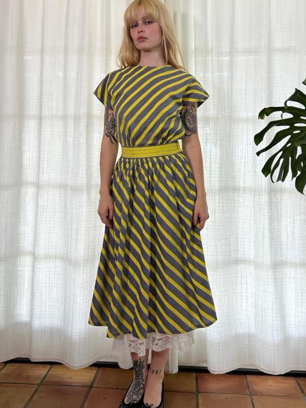 Vintage 1940s chartreuse striped day dress